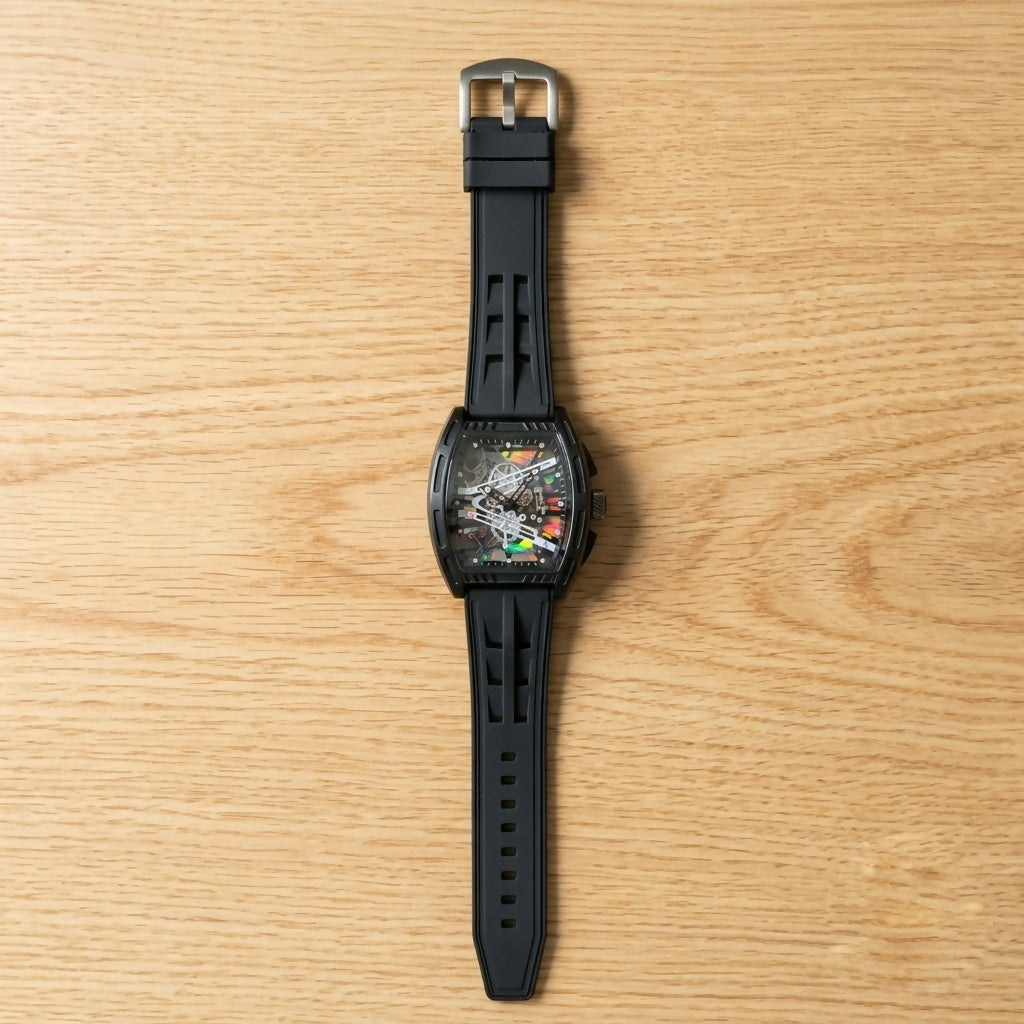 Black Skeleton Dial Watch for Men Tonneau Shape Racing Style Analog Silicone strap - Detailed Feature View 5