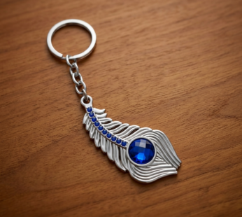 Blue Stone Peacock Feather Keychain with Silver Tone Decorative Design