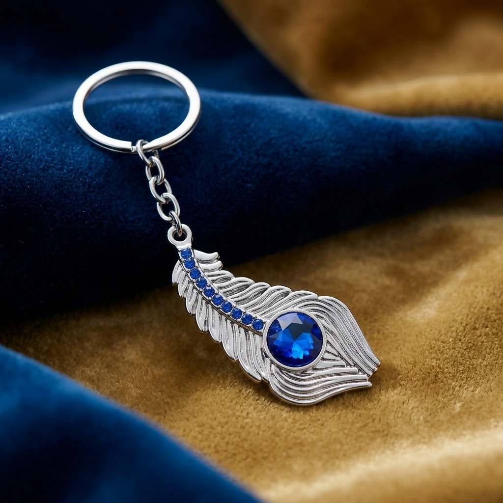 Blue Stone Peacock Feather Keychain with Silver Tone Decorative Design - Detailed Feature View 2