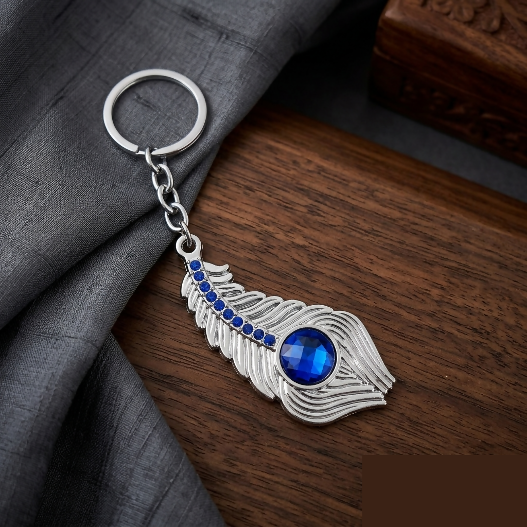 Blue Stone Peacock Feather Keychain with Silver Tone Decorative Design - Detailed Feature View 3