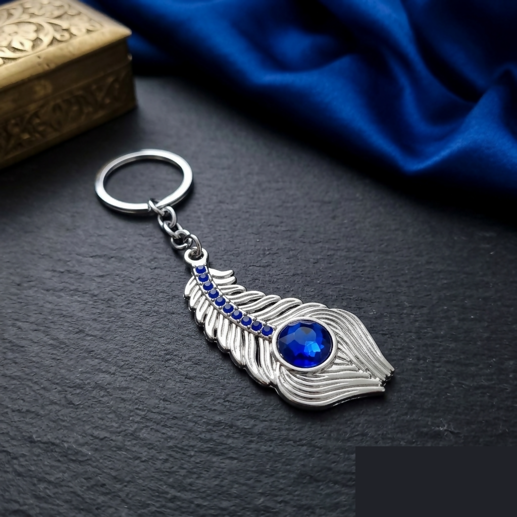 Blue Stone Peacock Feather Keychain with Silver Tone Decorative Design - Detailed Feature View 4