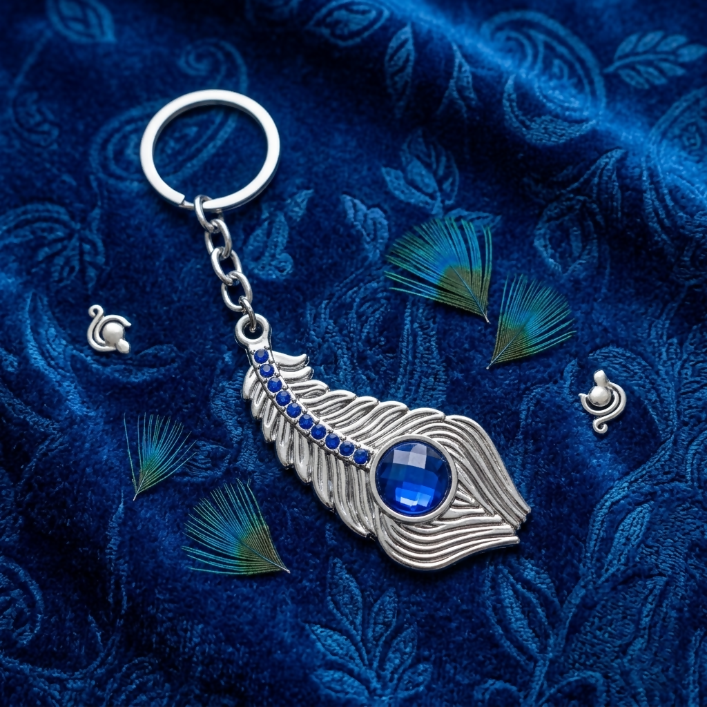 Blue Stone Peacock Feather Keychain with Silver Tone Decorative Design - Detailed Feature View 5