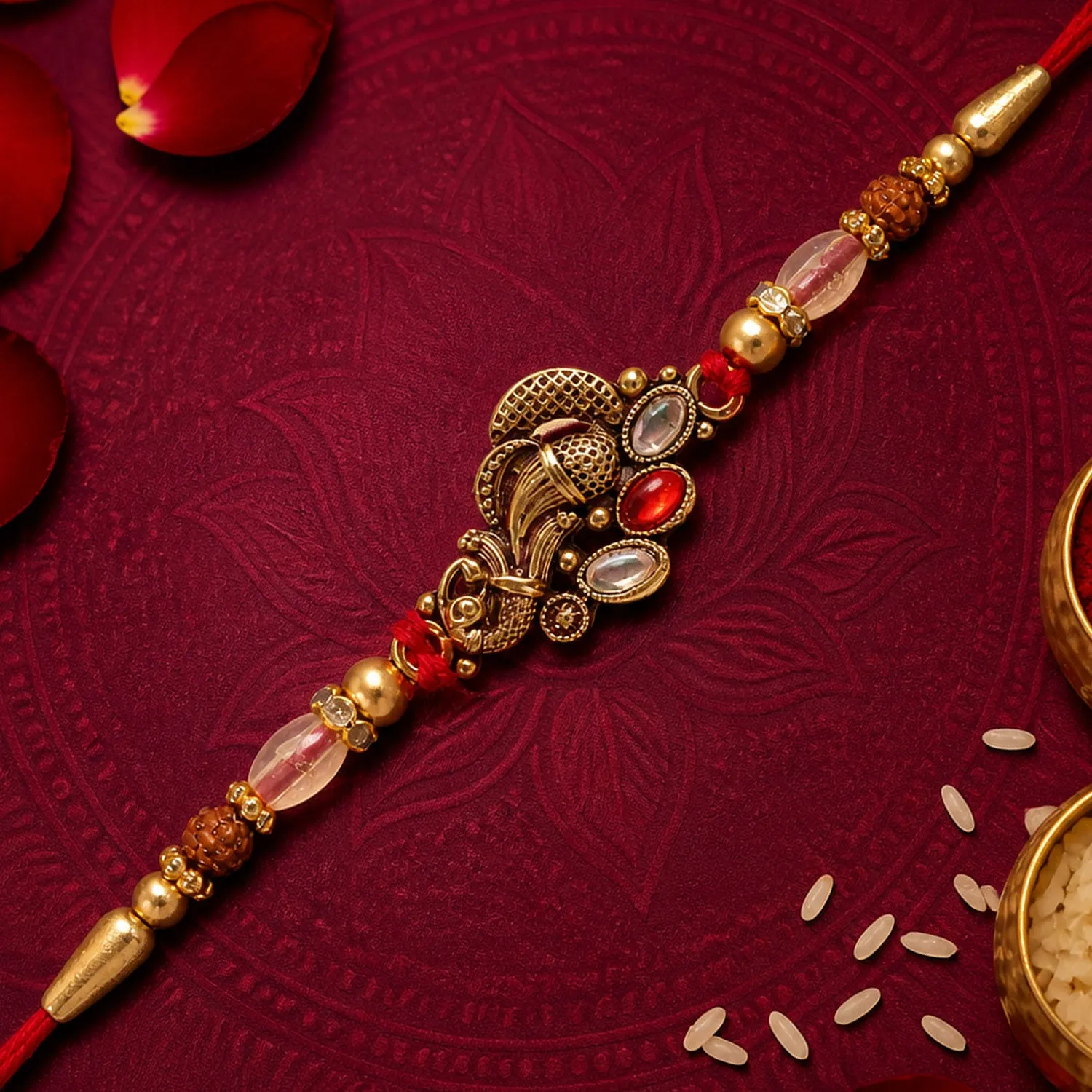 Premium Elegant Rakhi with Ornate Floral Medallion and metal trims in chain look for Gift Use - Buy Online at Alikart