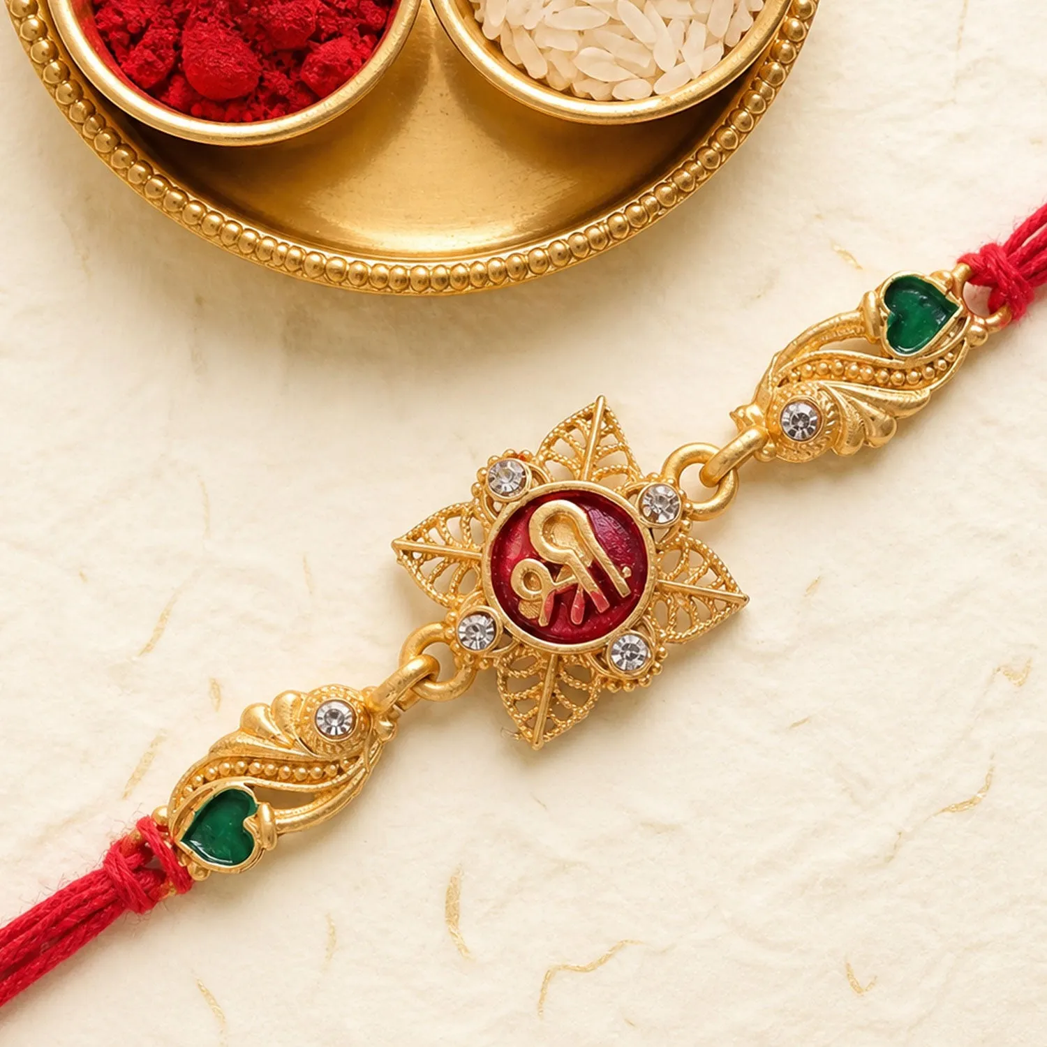 Premium Classic Rakhi with Shri Plaque, ornate work and thread style for Product Display - Buy Online at Alikart