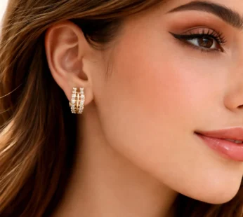 Gold Finish Stone Studded Hoop Earrings – Elegant Double Line Design
