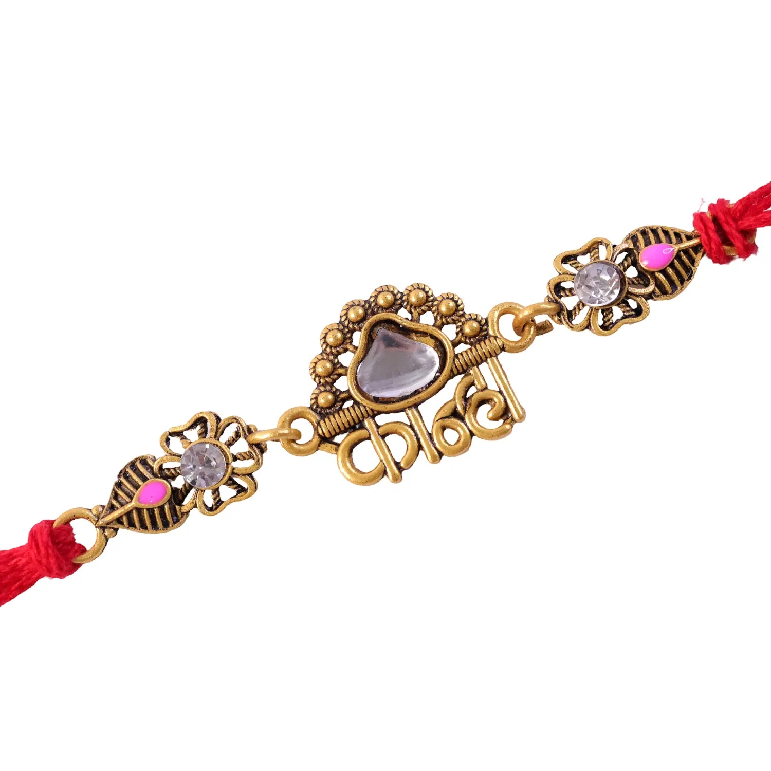 Antique Gold-Toned Kanha Rakhi with Kundan-Style Stone, Crystal Accents & Red Thread - Detailed Feature View 4