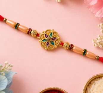 Meenakari Floral Chakra Rakhi for Brother with Roli Chawal Mishri Peach Pearl Beads