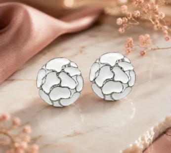 Elegant White Enamel Mosaic Round Stud Earrings – Silver-Tone Statement Designer Earrings for Women