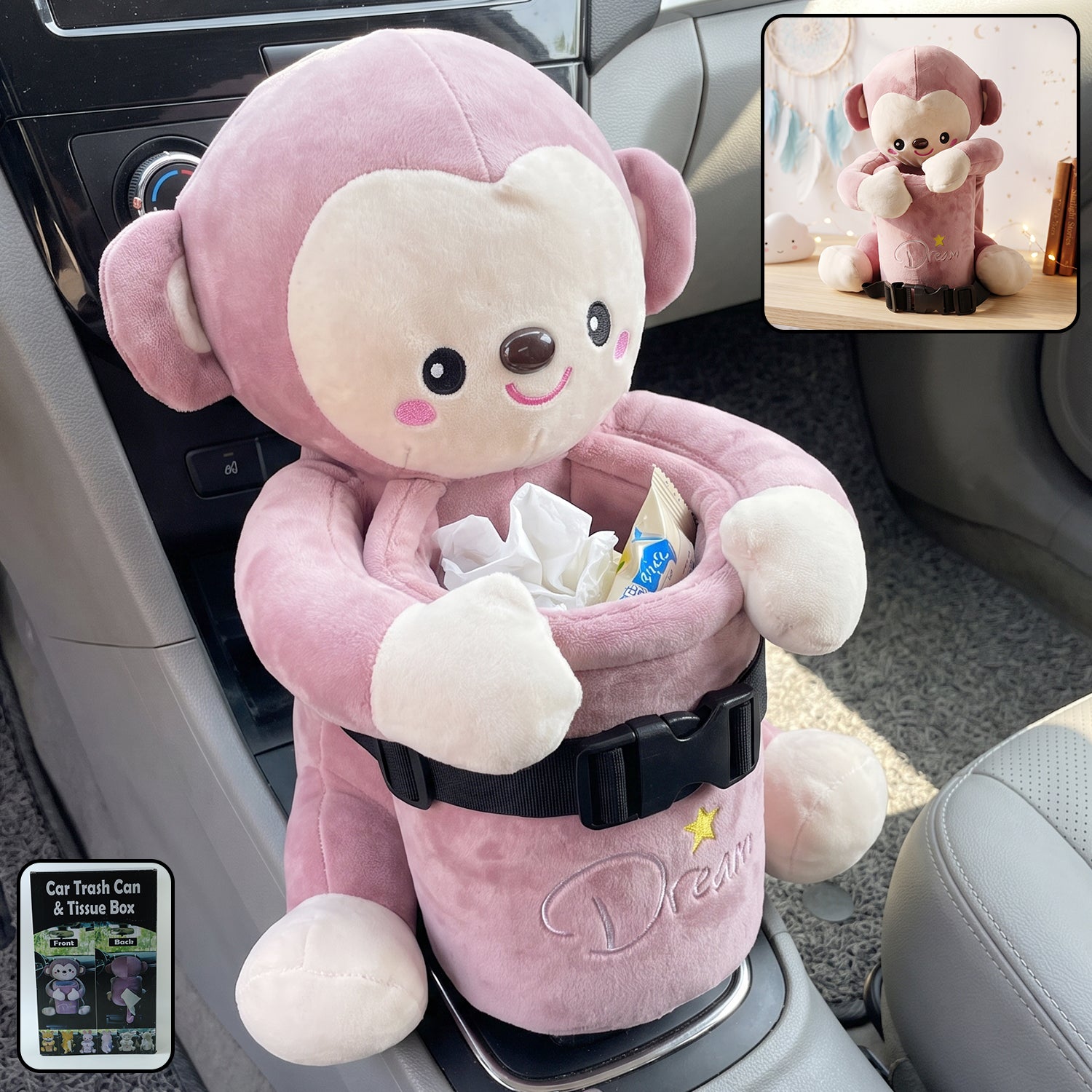 Premium Car Trash Can and Tissue Box Holder Cute Plush Monkey Dustbin Organizer (1 Pc) - Buy Online at Alikart