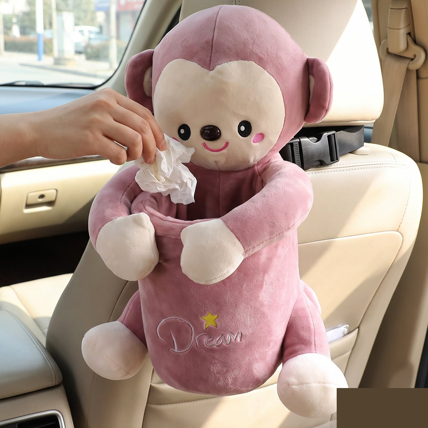 Car Trash Can and Tissue Box Holder Cute Plush Monkey Dustbin Organizer (1 Pc) - Detailed Feature View 1
