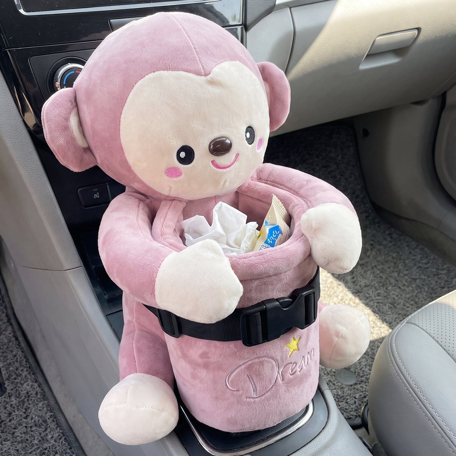 Car Trash Can and Tissue Box Holder Cute Plush Monkey Dustbin Organizer (1 Pc) - Detailed Feature View 5