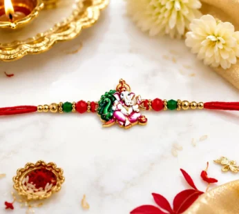 Auspicious Enamel Ganesha Rakhi with Peacock Feather Motif & Crystal Beads