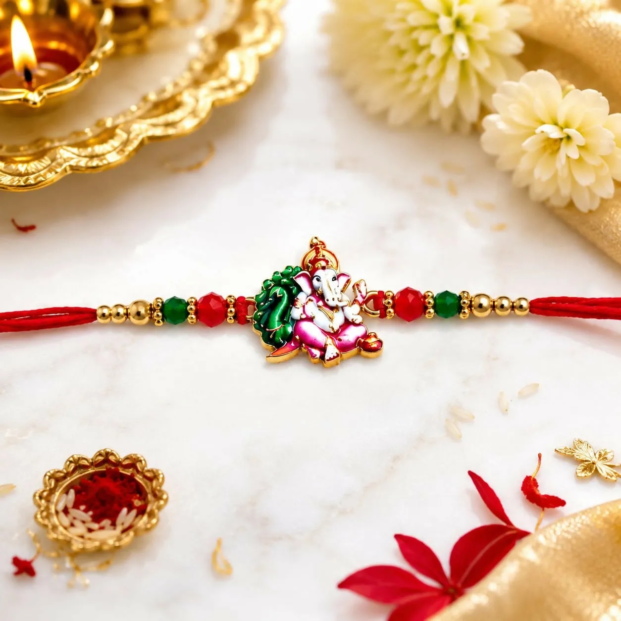 Premium Auspicious Enamel Ganesha Rakhi with Peacock Feather Motif & Crystal Beads - Buy Online at Alikart