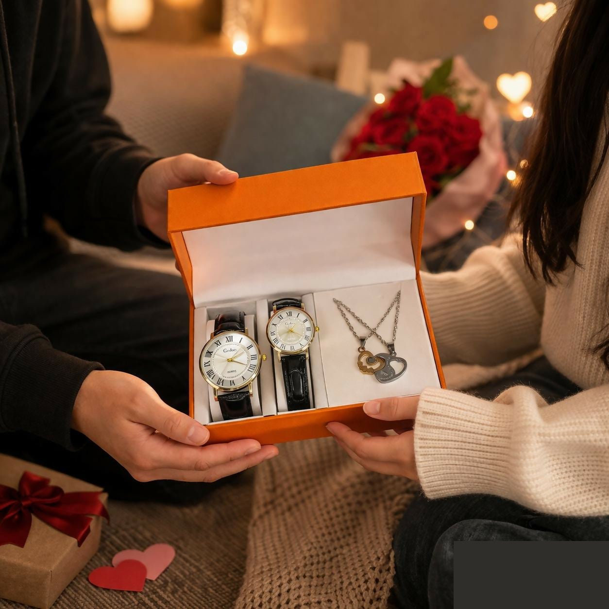 Premium Couple Watch & Pendant Necklace Gift Set with Premium Gift Box - Buy Online at Alikart
