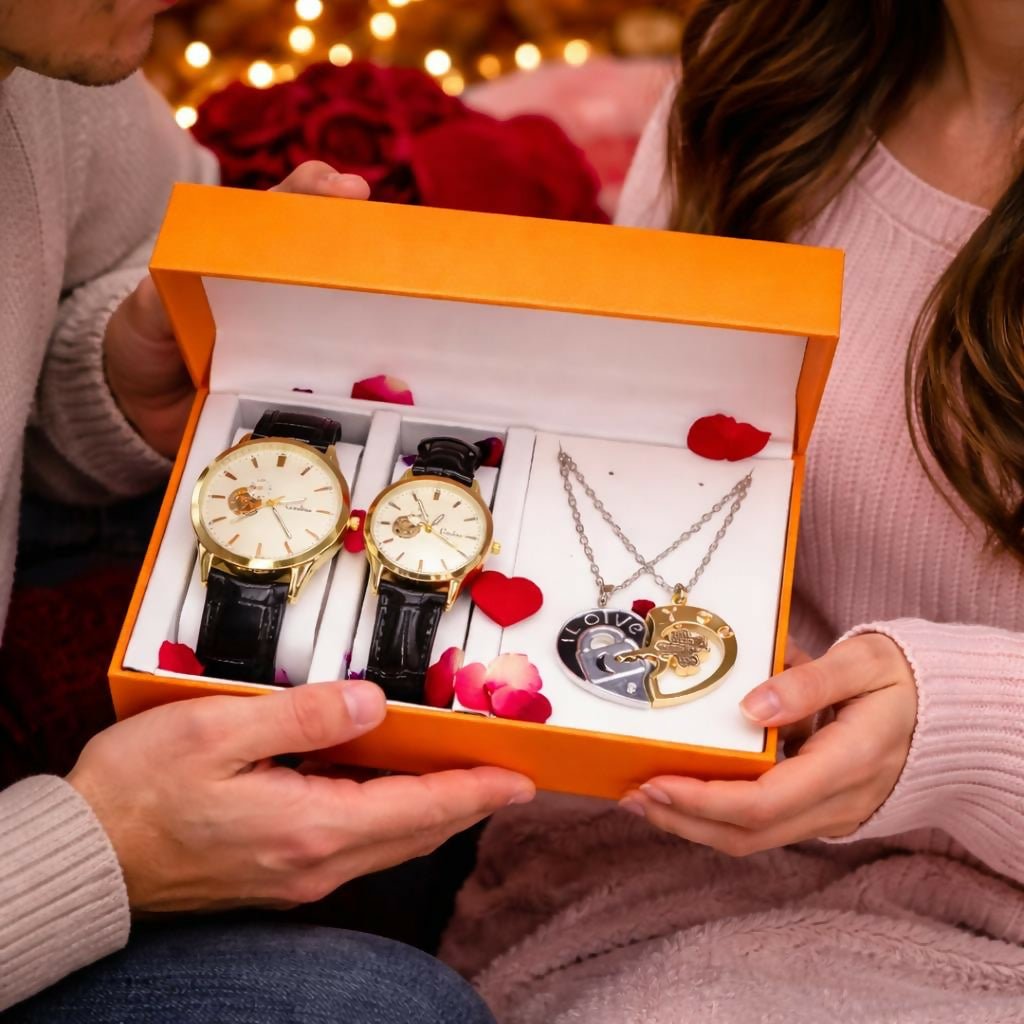 Couple Watch & Pendant Necklace Gift Set with Premium Gift Box - Detailed Feature View 1
