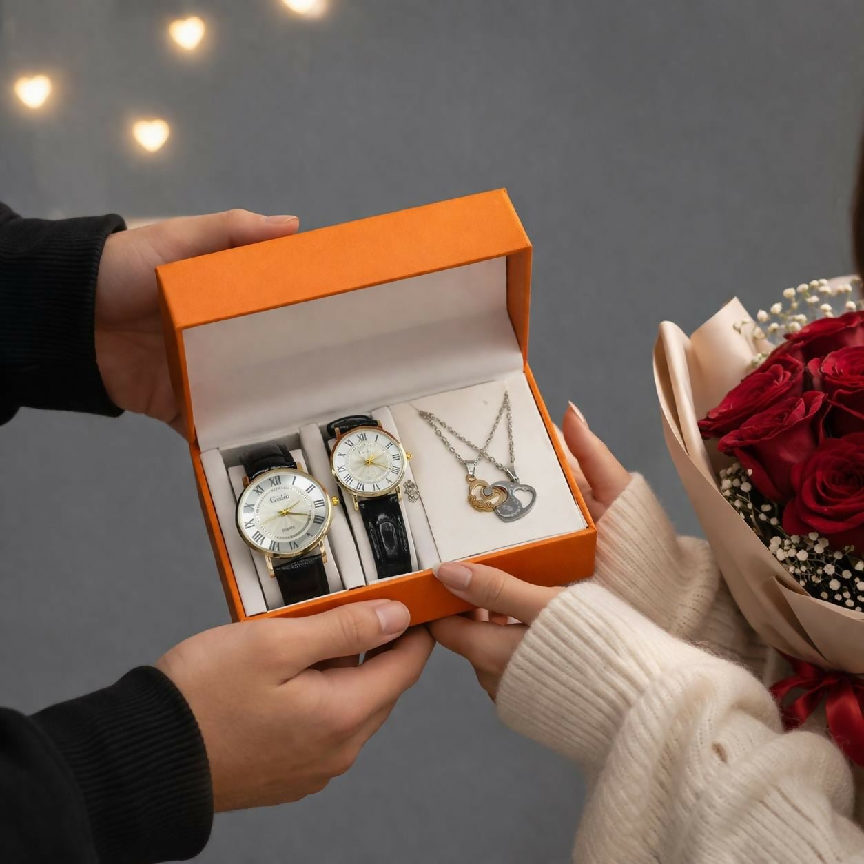 Couple Watch & Pendant Necklace Gift Set with Premium Gift Box - Detailed Feature View 2