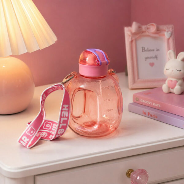Cute Bear Water Bottle with Adjustable Shoulder Strap and Handle