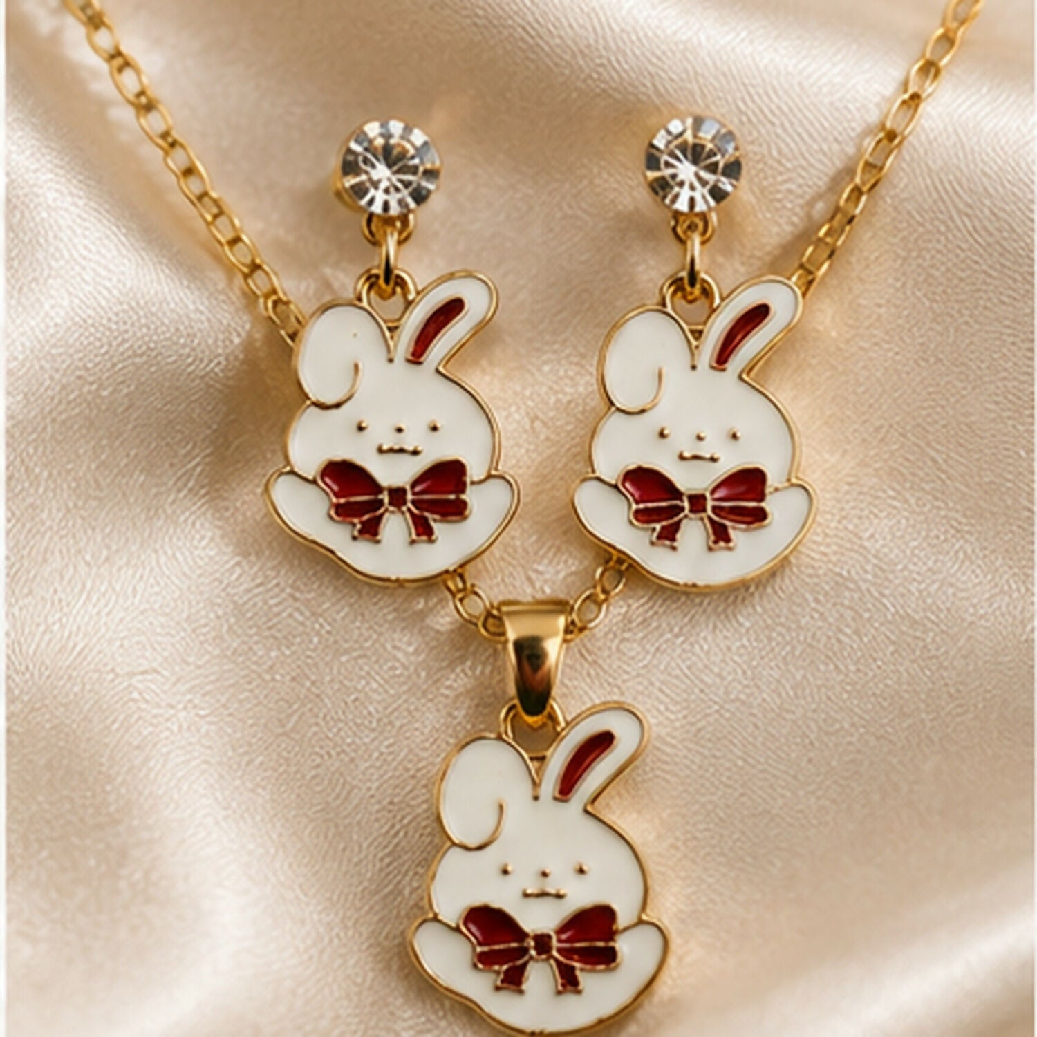 Cute White Enamel Bunny Rabbit Pendant Necklace & Crystal Drop Earrings Jewelry Se