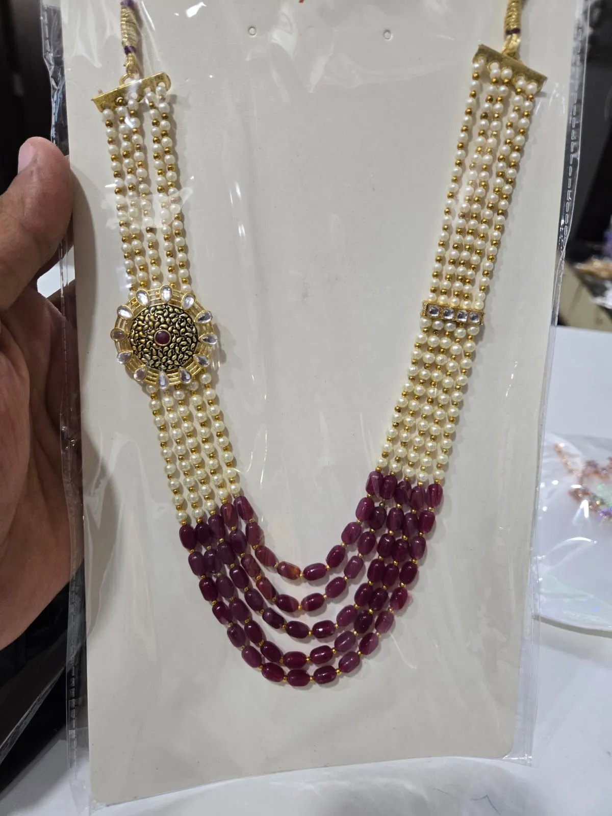 Pearl Beaded Ruby Stone Layered Necklace Set with Antique Pendant Design - Detailed Feature View 5