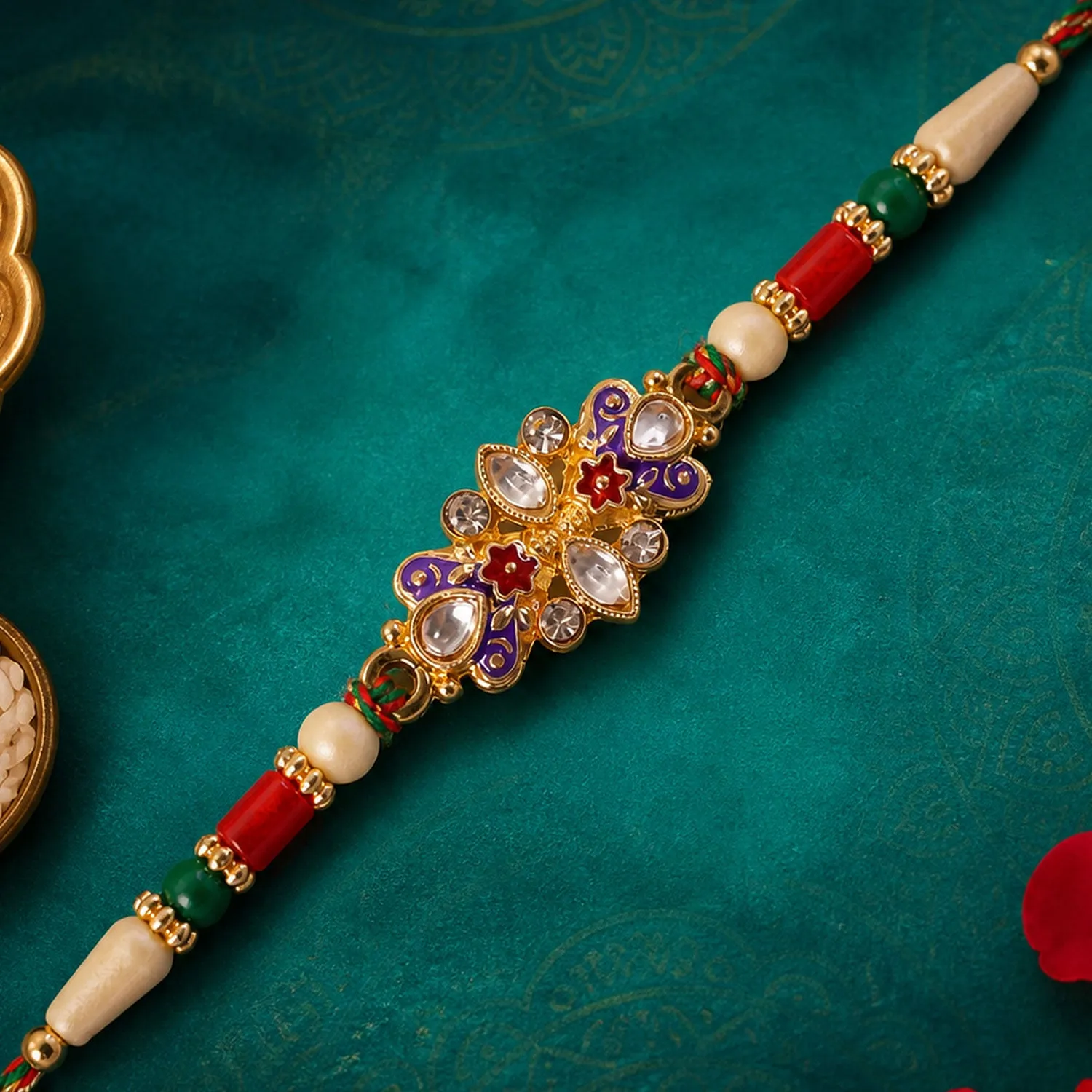 Premium Designer Rakhi with Ornate Floral Medallion, bead line and gift style for Gift Use - Buy Online at Alikart