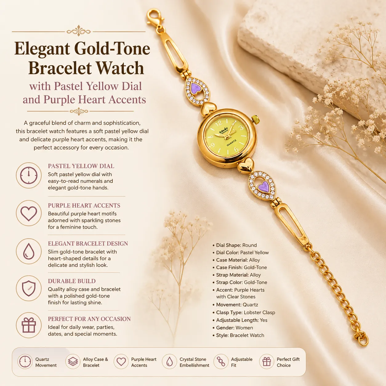 Elegant Gold-Tone Bracelet Watch with Pastel Yellow Dial and Purple Heart Accents - Detailed Feature View 4