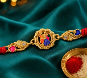Gold-Toned Radha Krishna Rakhi with Multicolor Enamel, Crystal Accents & Red Thread