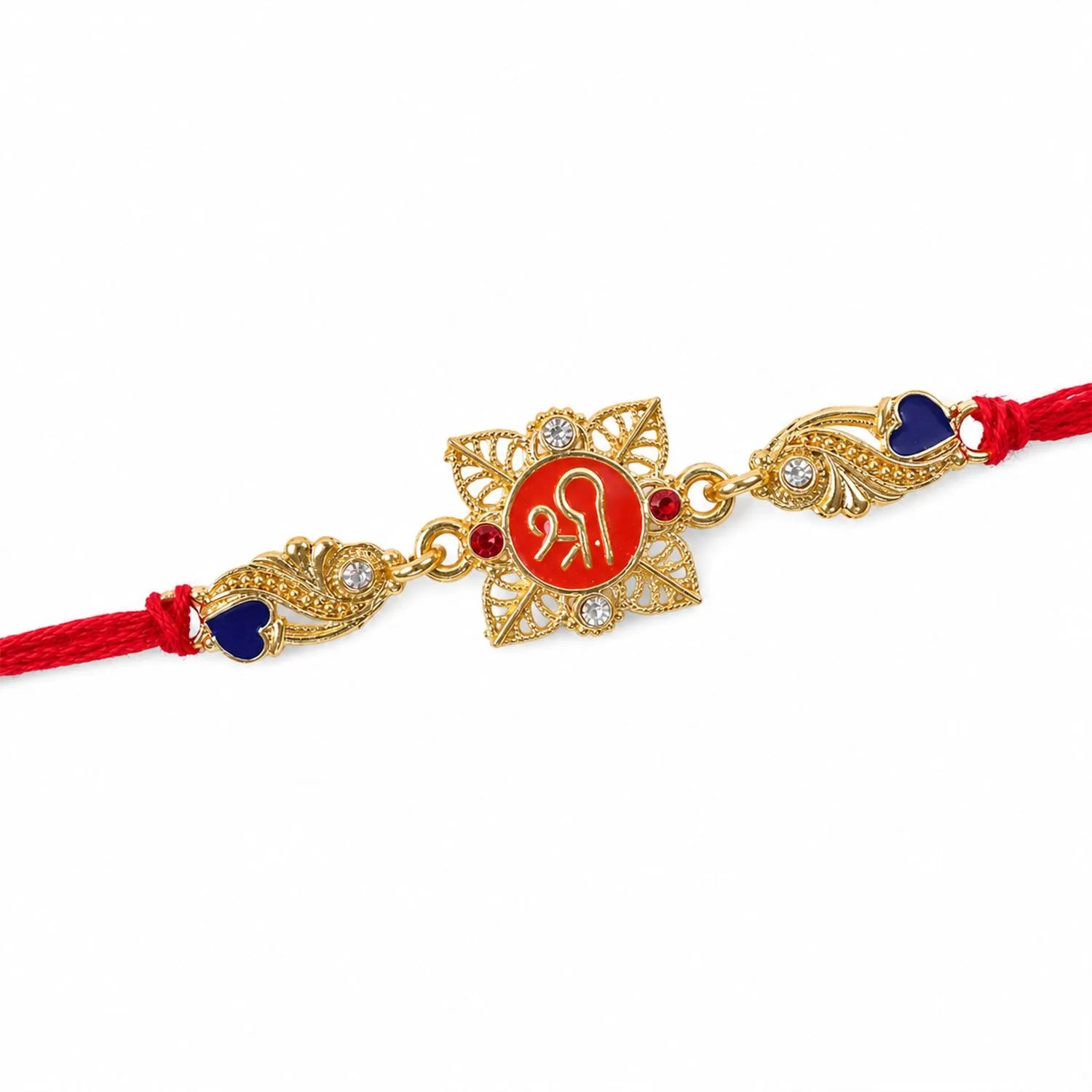 Festive Rakhi featuring Shri Plaque, leaf detail and thread style for Product Display - Detailed Feature View 2