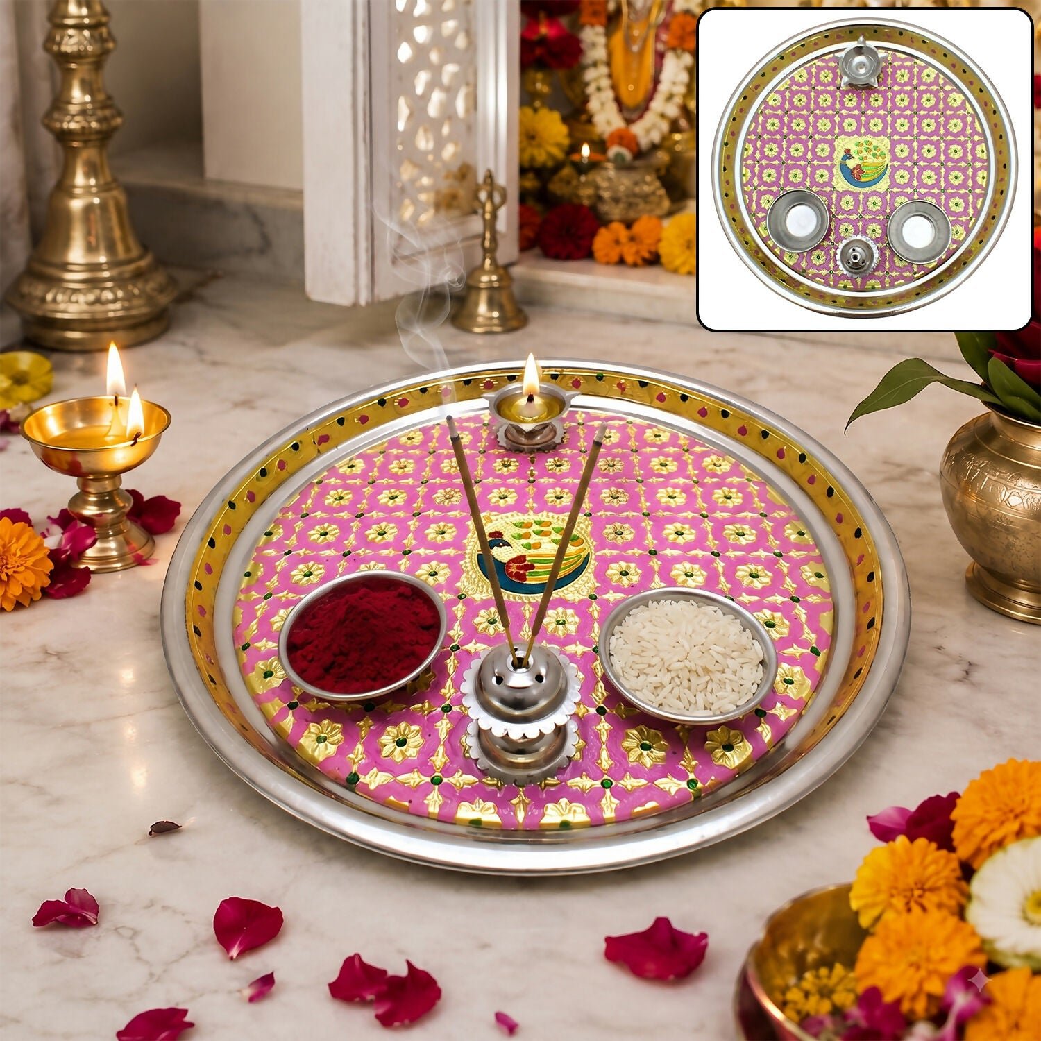 Premium Decorative Pooja Thali Set with Bowls, Diya & Incense Holder for Puja and Festivals - Buy Online at Alikart