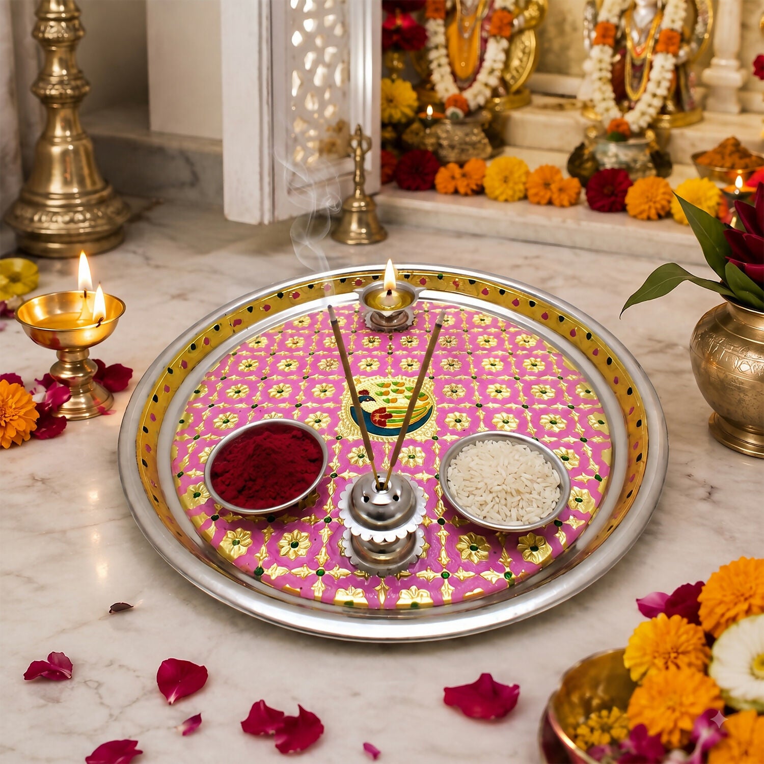 Decorative Pooja Thali Set with Bowls, Diya & Incense Holder for Puja and Festivals - Detailed Feature View 1