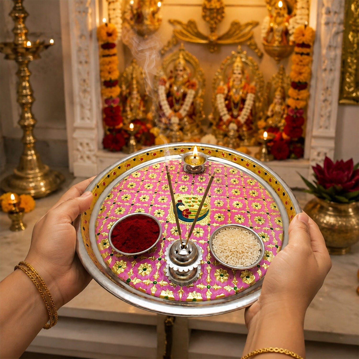 Decorative Pooja Thali Set with Bowls, Diya & Incense Holder for Puja and Festivals - Detailed Feature View 2