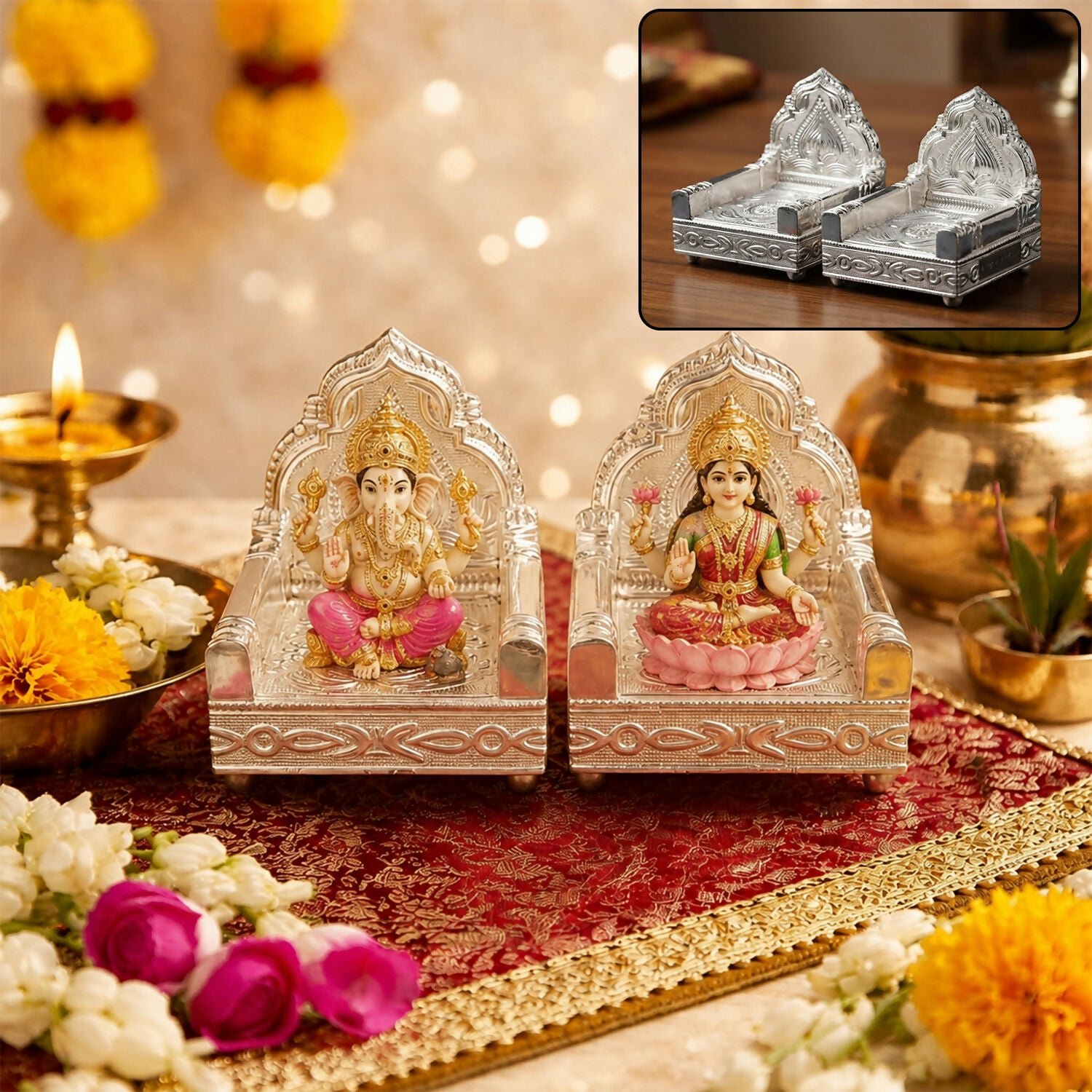 Premium Decorative silver Singhasan Set for Home Temple, Pooja Mandir & Idol Placement - Buy Online at Alikart