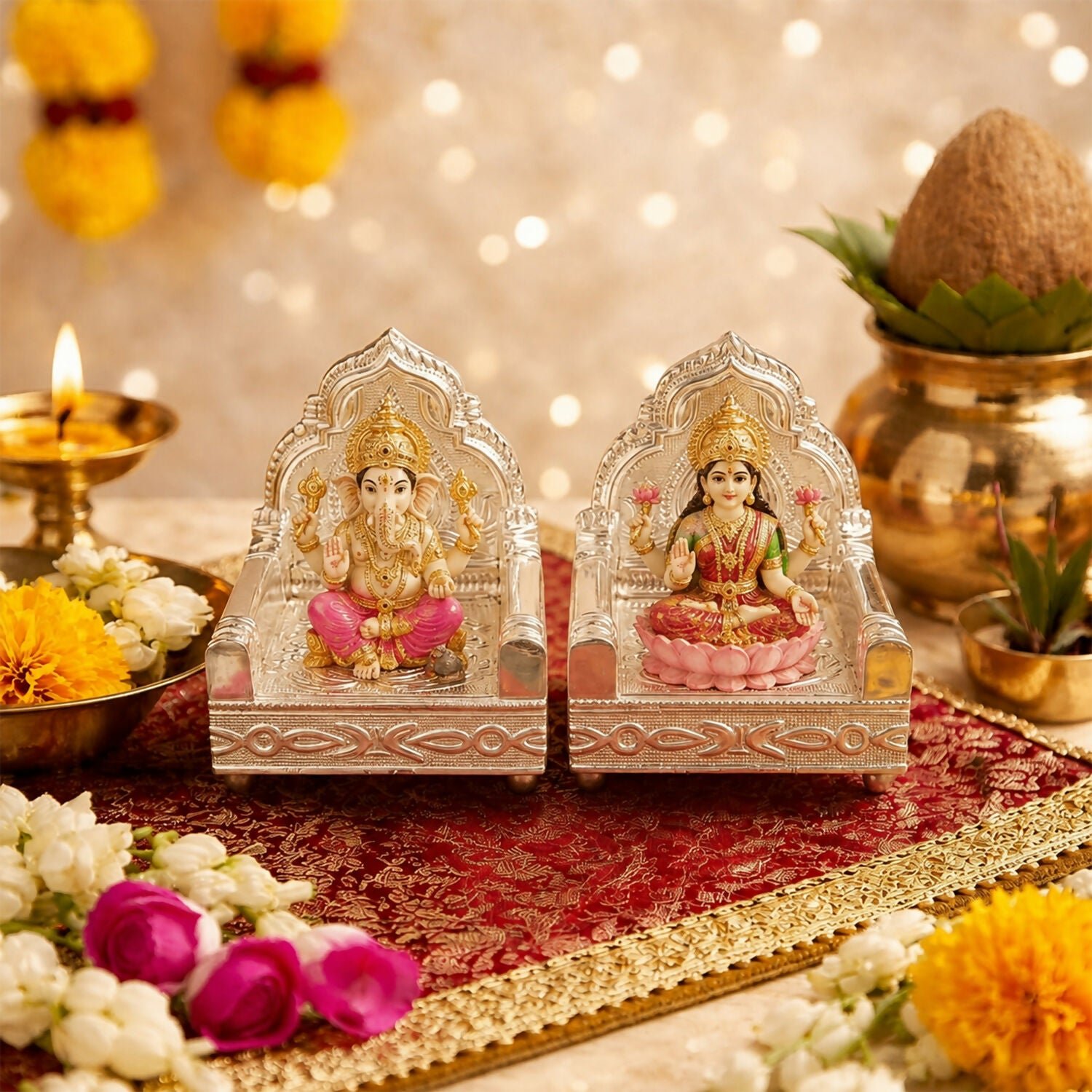Decorative silver Singhasan Set for Home Temple, Pooja Mandir & Idol Placement - Detailed Feature View 1