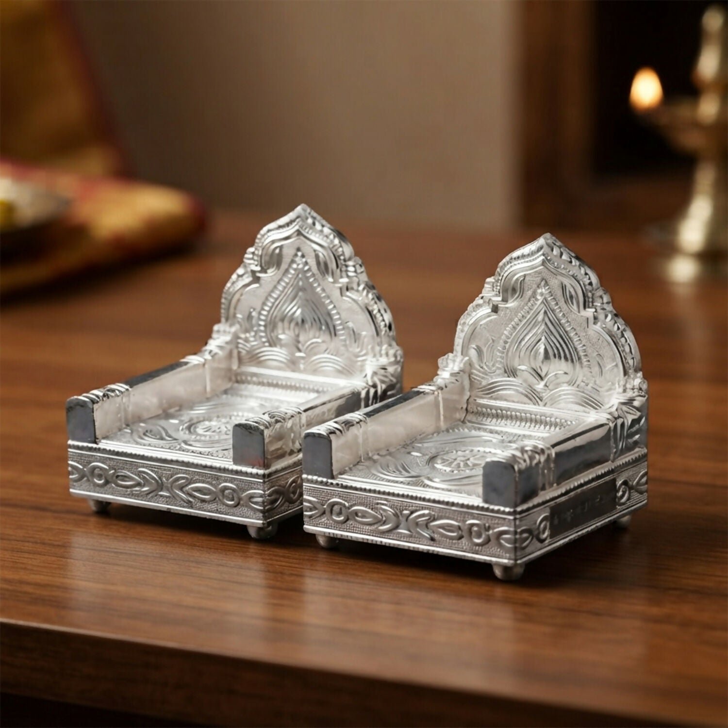 Decorative silver Singhasan Set for Home Temple, Pooja Mandir & Idol Placement - Detailed Feature View 2