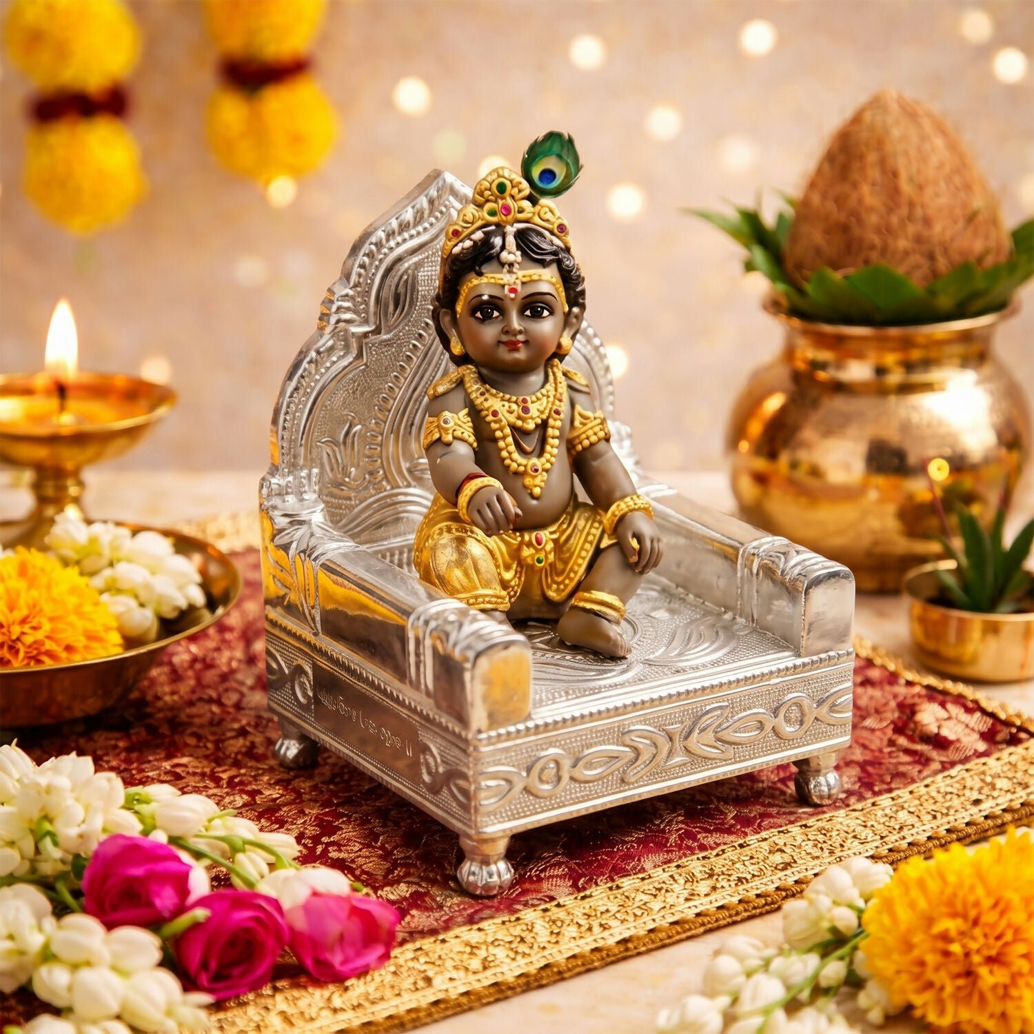 Decorative silver Singhasan Set for Home Temple, Pooja Mandir & Idol Placement - Detailed Feature View 3