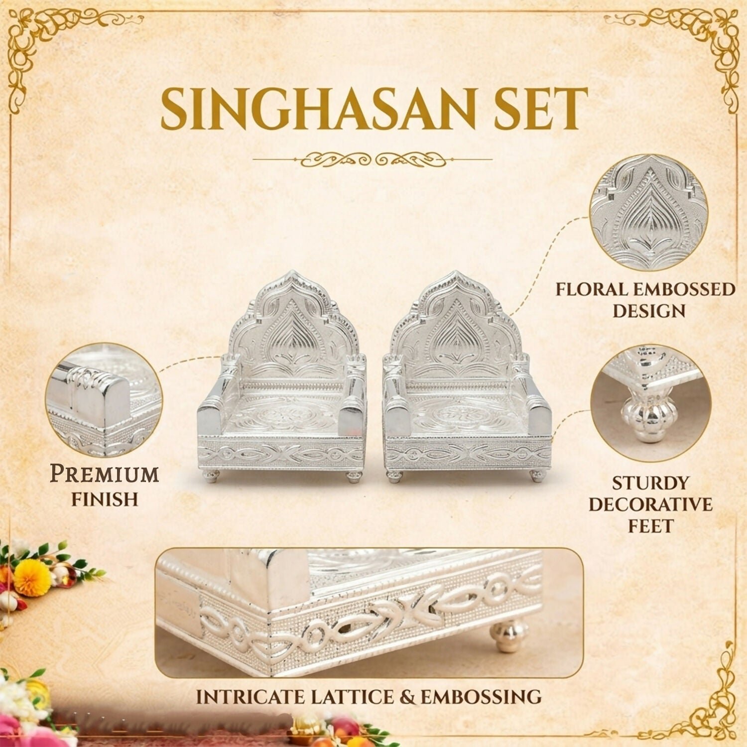Decorative silver Singhasan Set for Home Temple, Pooja Mandir & Idol Placement - Detailed Feature View 5
