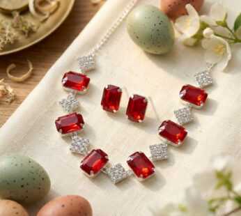 Deep Red Crystal Necklace Set with Shimmering Square Links & Matching Stud Earrings