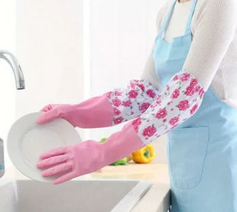 Long Sleeve Fleece-Lined Kitchen Cleaning Gloves – Waterproof Latex Dishwashing Gloves with Extended Cuffs for Laundry & Cold Weather Chores (Random Color, 1 Pair)