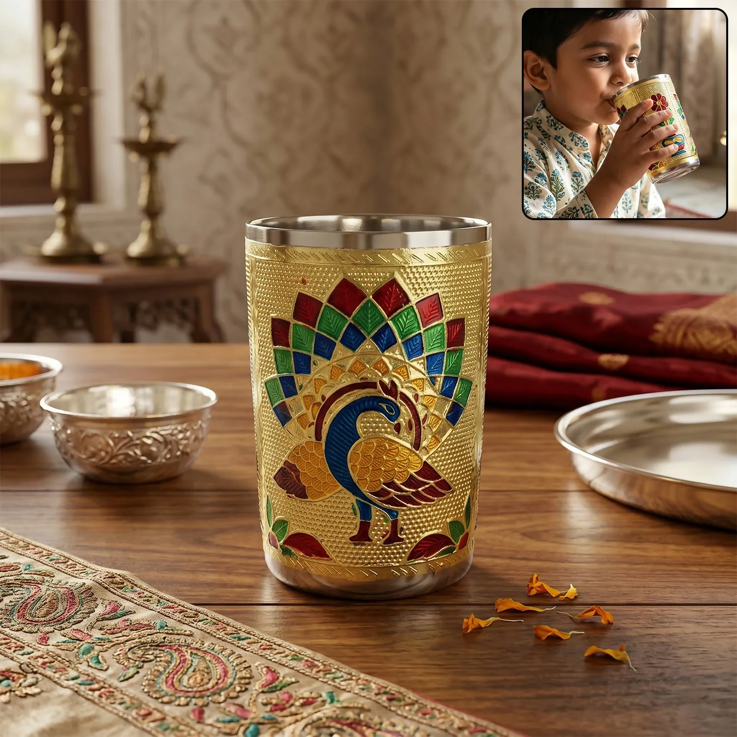 Premium Golden Meenakari Peacock Design Stainless Steel Glass – Festive Serveware - Buy Online at Alikart