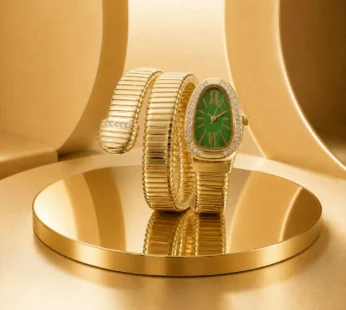 Golden Snake Style Bracelet Watch with Oval Green Dial and Crystal Border Design