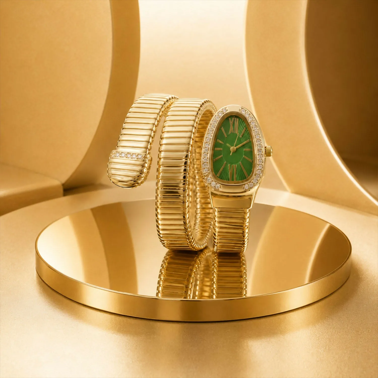 Premium Golden Snake Style Bracelet Watch with Oval Green Dial and Crystal Border Design - Buy Online at Alikart