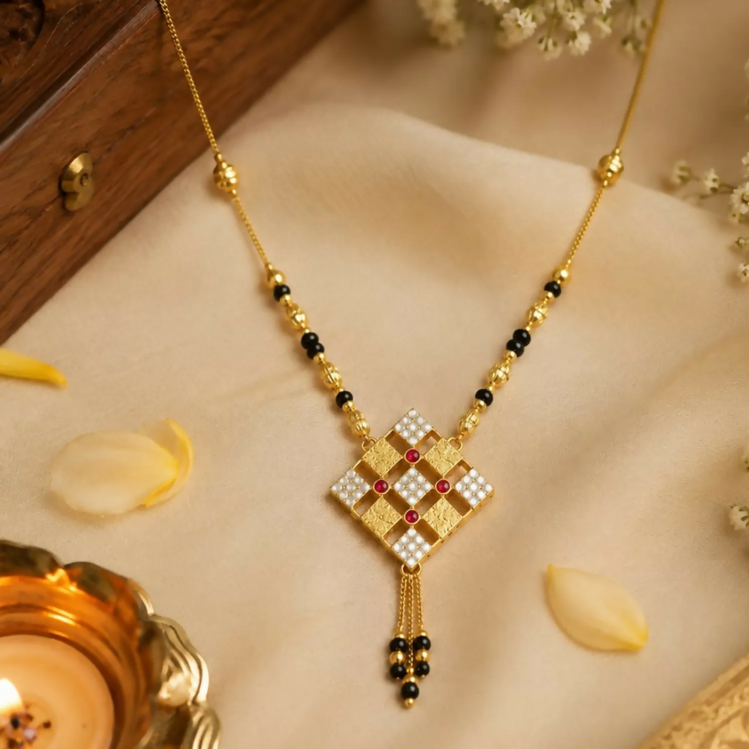 Gold Tone Designer Mangalsutra with Crystal Square Pendant for Women Ethnic Wear Set - Detailed Feature View 2