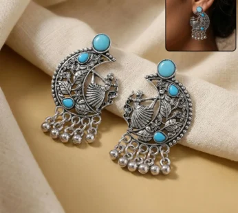 German Silver Chandbali Earrings – Sky Blue Stones & Ghungroo
