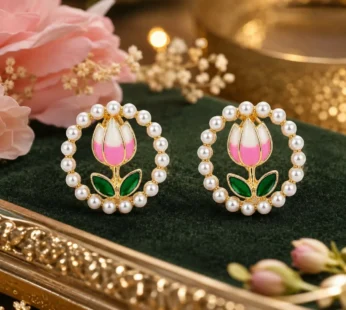 Pink Tulip Pearl Stud Earrings for Women | Floral Design Gold-Tone Fashion Jewelry