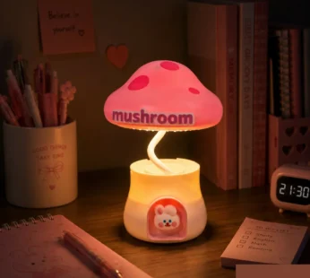 Pink Cute Mushroom LED Study Lamp with Pencil Holder & Sharpener, Rechargeable