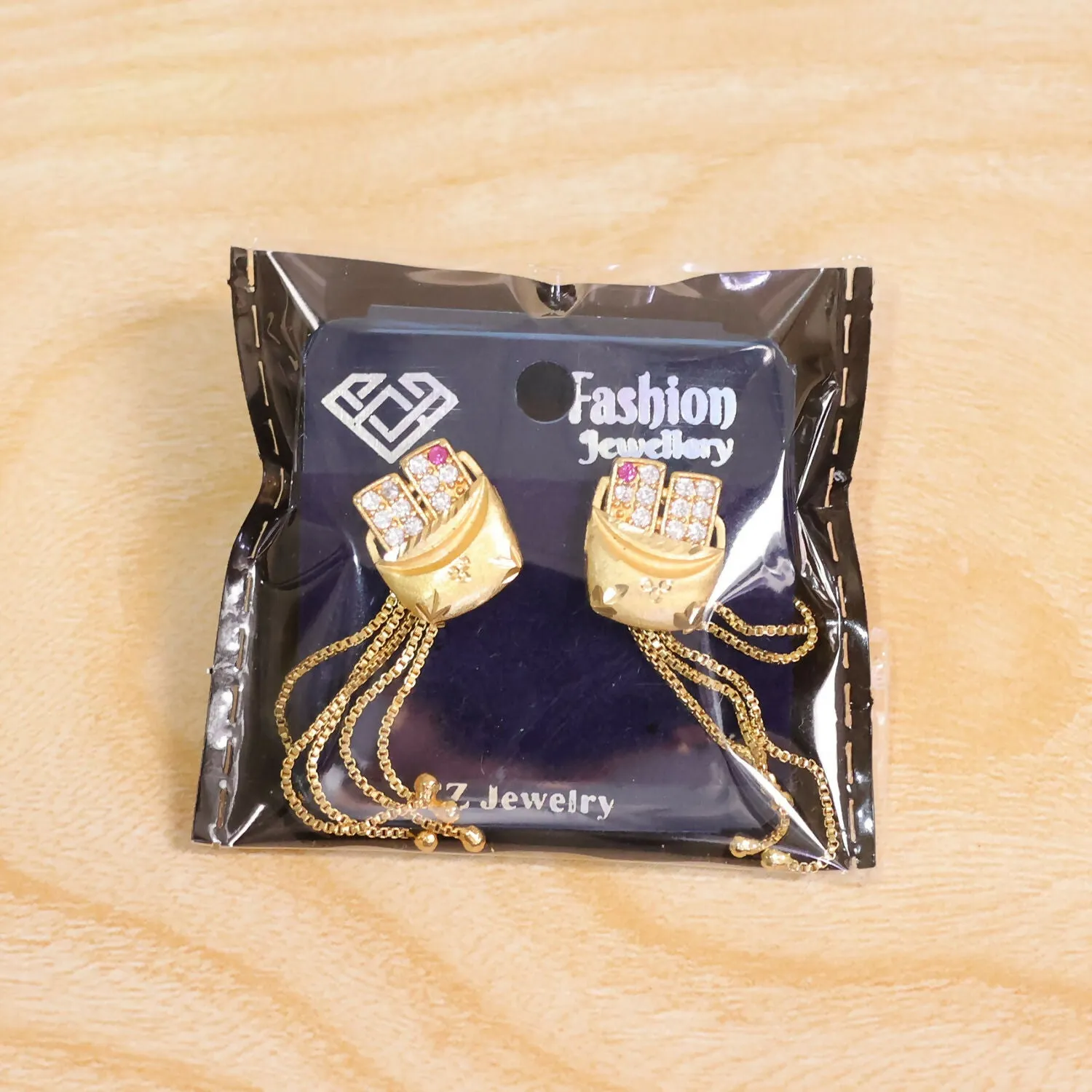 Gold Plated Boat Shape Textured Dangle Earrings with Multi Chain Tassel Drop Design - Detailed Feature View 5