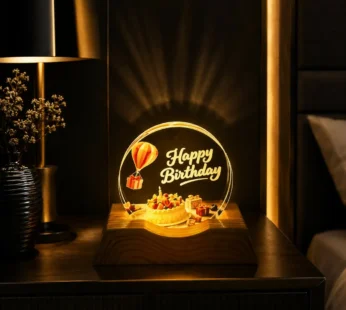 Happy Birthday 3D LED Acrylic Lamp with Wooden Base USB Night Light