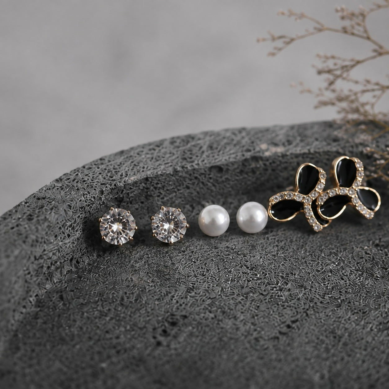 Earrings Combo with Solitaire, Pearl & Black Petal Studs for Women (3-Pair)