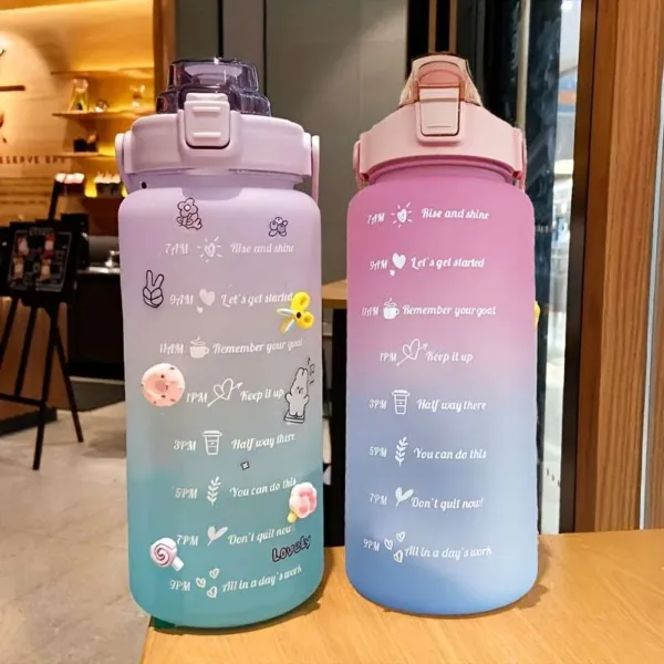 2000 ml Large-Capacity Gradient Water Bottle with Straw – BPA-Free Leak-Proof Sports Bottle with Motivational Time Markers (Random color- Pack of 1)
