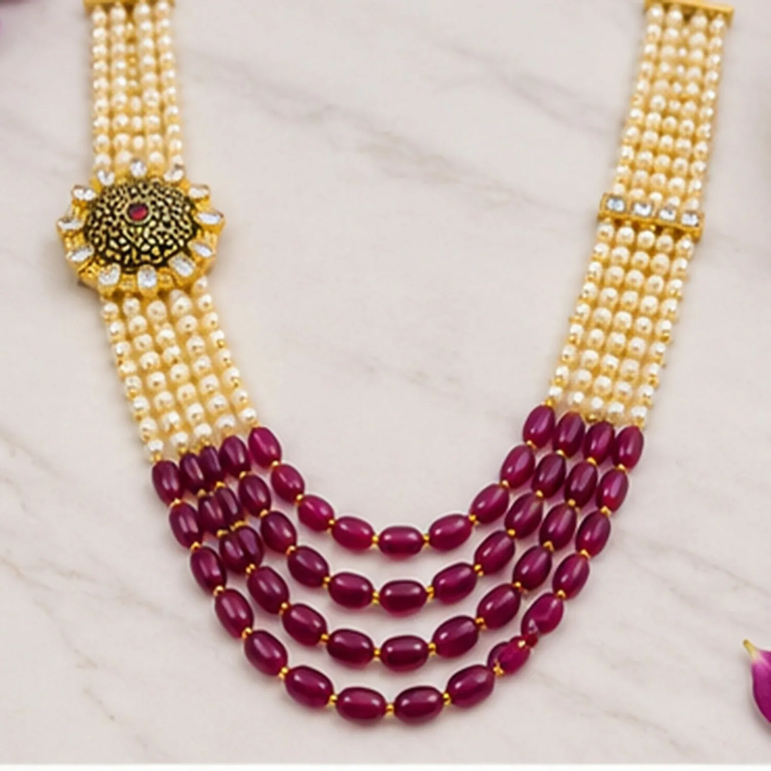Pearl Beaded Ruby Stone Layered Necklace Set with Antique Pendant Design - Detailed Feature View 1