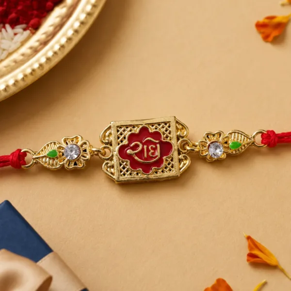 Gold-Toned Radhe with Red Enamel, Crystal Accents & Red Thread
